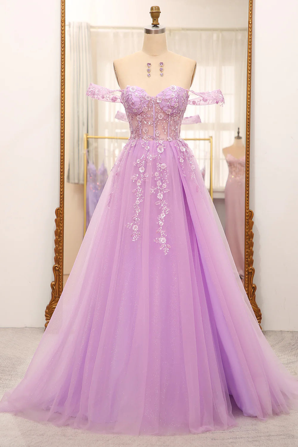 A-Line Off The Shoulder Beaded Lilac  Corset Prom Dress